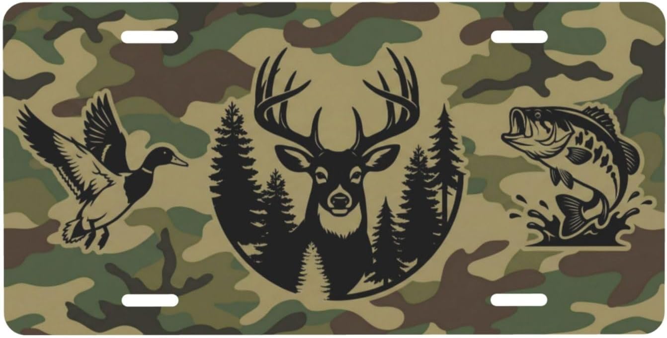 Camo Wildlife Deer Duck Bass Aluminum License Plate 6x12 | Camo Wildlife Decor, Standard 6x12 In, UV Printed Aluminum, 4 Pre-drilled Holes, Outdoor Front Plate, Not for DMV Use.