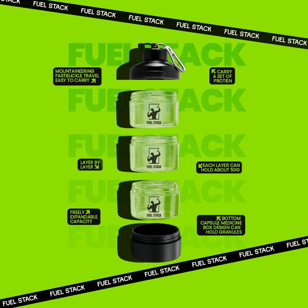 FuelStack Stackable Supplement Container (Black) – Portable Protein Powder Storage for Gym & Travel – Modular Twist-Lock Jars with Supplement Tray & Carabiner – Leakproof, BPA-Free