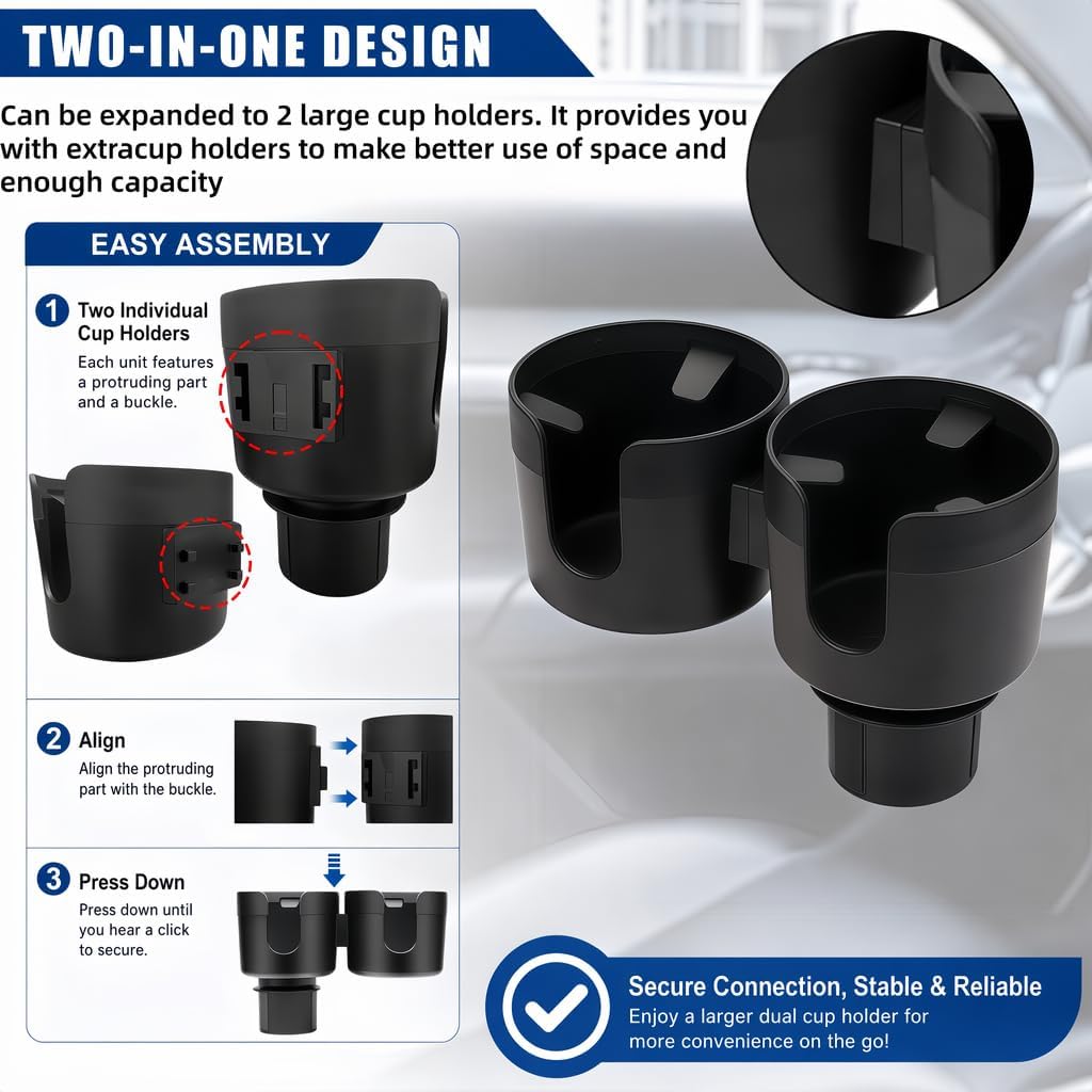 2 in 1 Cup Holder Expander, Dual Cup Holder Expander with Adjustable Base, Universal Multifunctional Cup Holder Insert for 10-46 OZ Bottles Cups Drinks Snack Organizer Holder (Black)