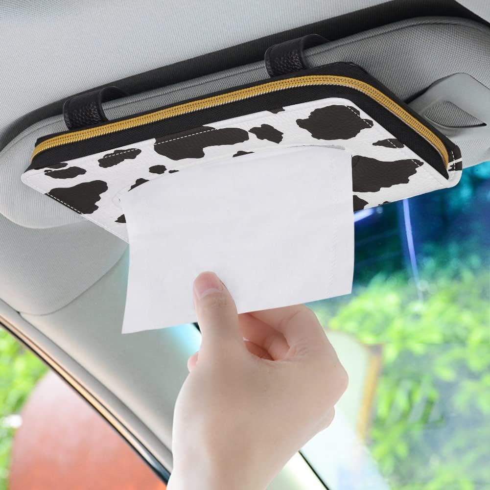 Biyejit Car Tissue Holder - Black and White Cow Print Sun Visor Napkin Holder, PU Leather Backseat Tissue case Holder