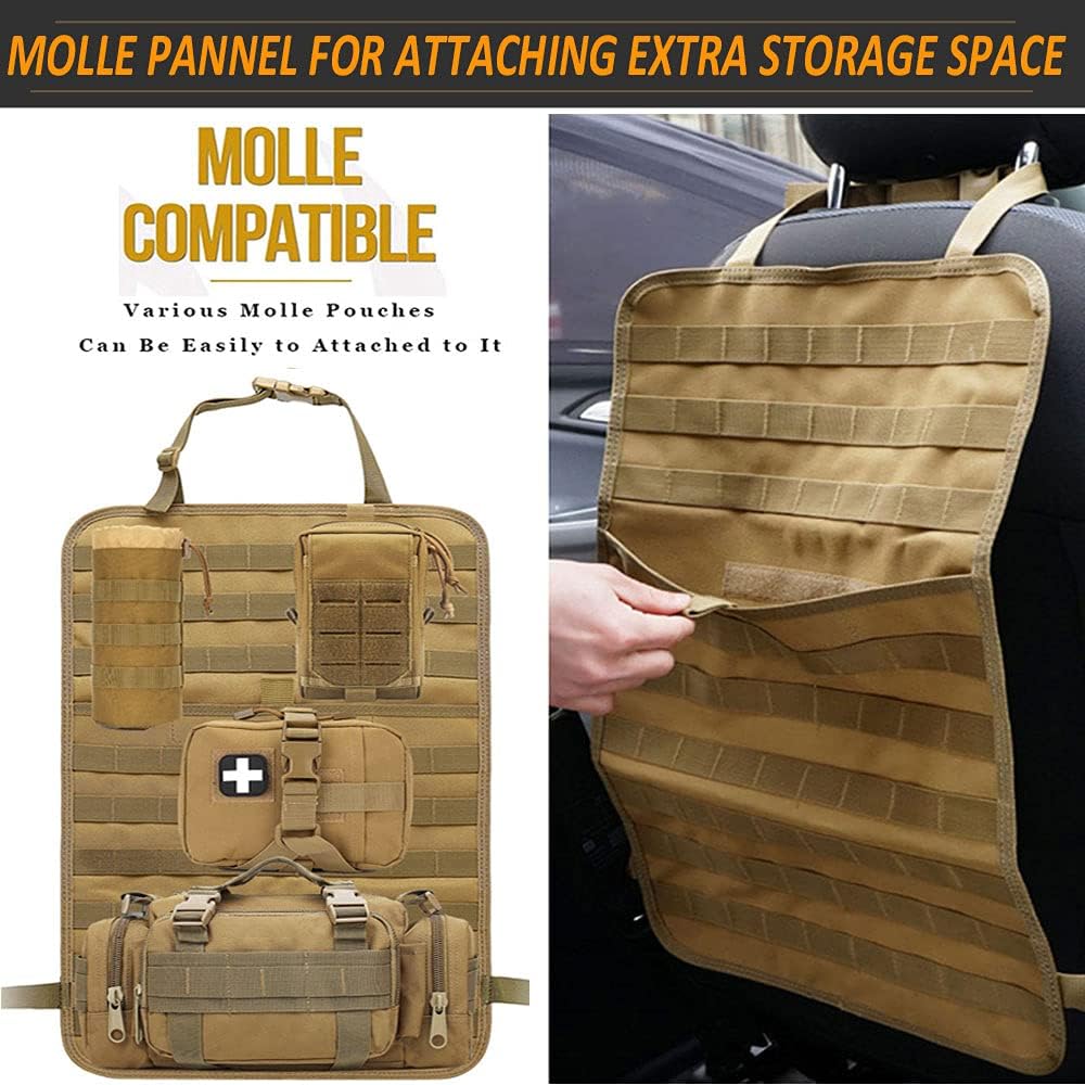 Molle Tactical Seat Back Organizer Panel with Pouches, Universal Fit For Vehicle Car, Khaki