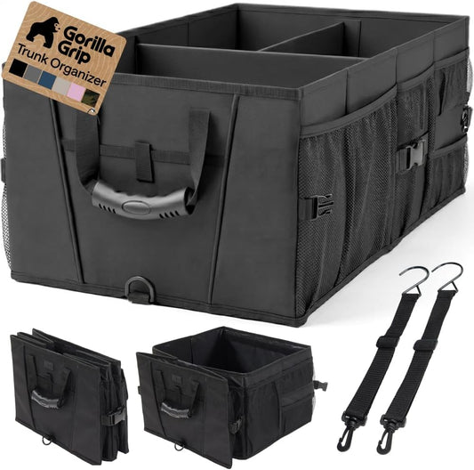 GORILLA GRIP Trunk Organizer for SUV and Cars, Large Capacity Collapsible Car Trunk Storage Organizer, Heavy Duty Car Accessories, Gifts for Mom and Dad, Slip & Water Resistant Multi Compartment Black
