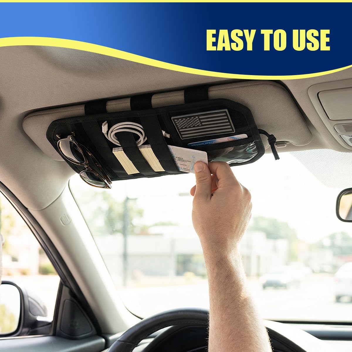 Car Sun Visor Organizer, Multifunctional Car Visor Zip Storage Pouch with Glasses Clip & Card Sleeve Pocket, Auto Interior Semi-Rigid MOLLE Panel for Cars, SUVs, Trucks (Black)