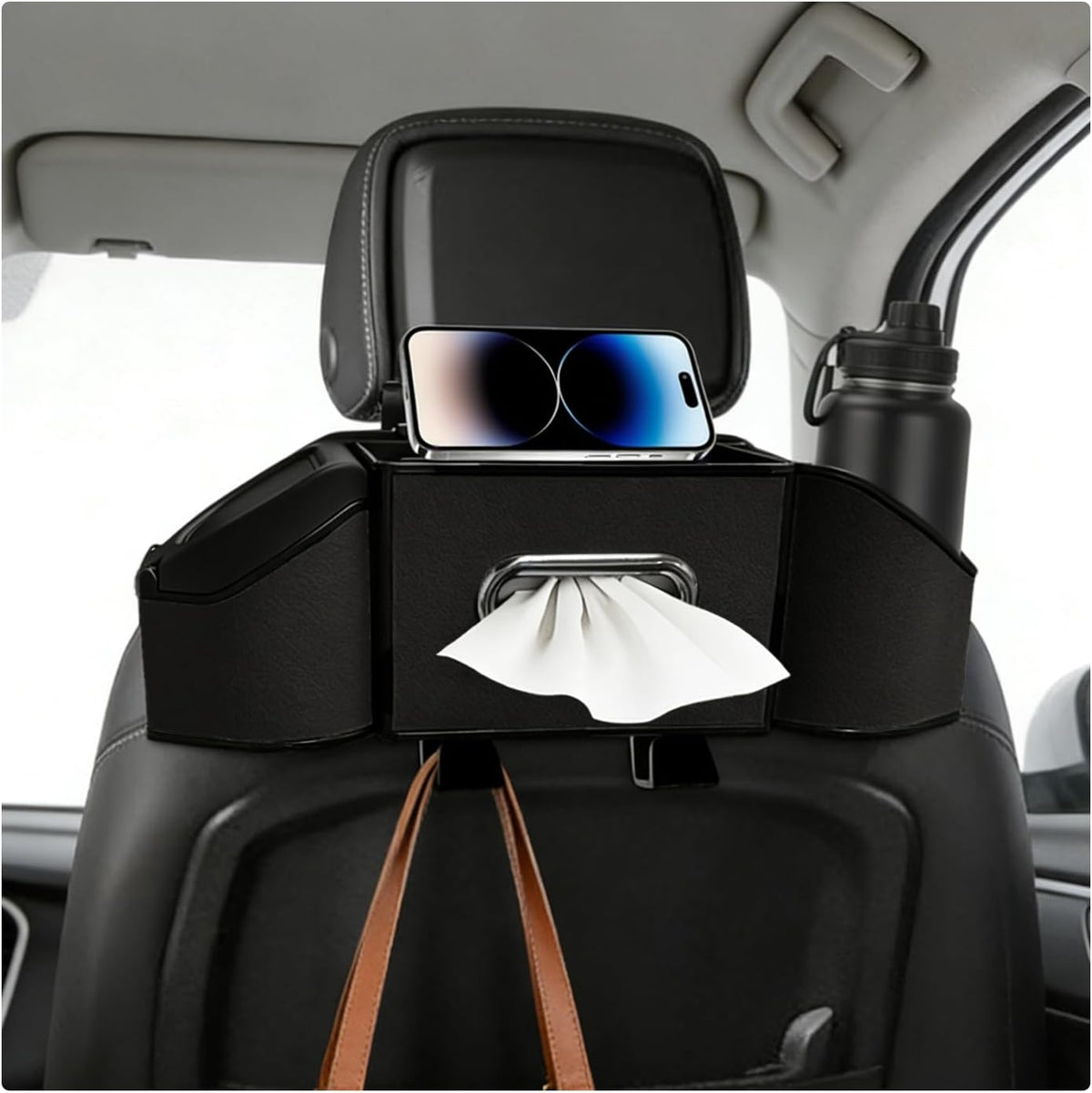 Car Backseat Organizer, 7-in-1 Auto Seat Back Drink Cup Holder Organizer with Tissue Box & Hooks, Multifunctional Vehicle Headrest Storage Box for Hold Phone Snacks Drinks (Gray)