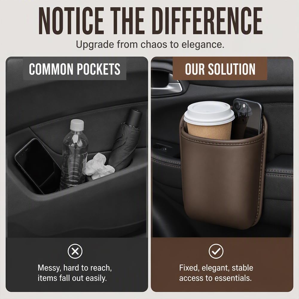 Leather Car Door Cup Holder Clip On Storage Organizer for Car, Orange,Small