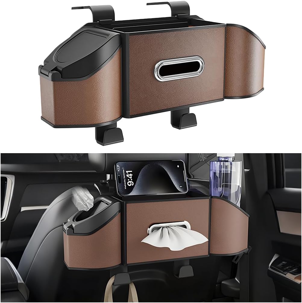 HZEL Car Seat Back Organizer, 7 in 1 Vehicle Backseat Storage Box with Cup Holder Tissue Box Trash Bin & Hooks, Multifunctional Auto Interior Headrest Organizer, Universal for SUV RV Truck (Brown)