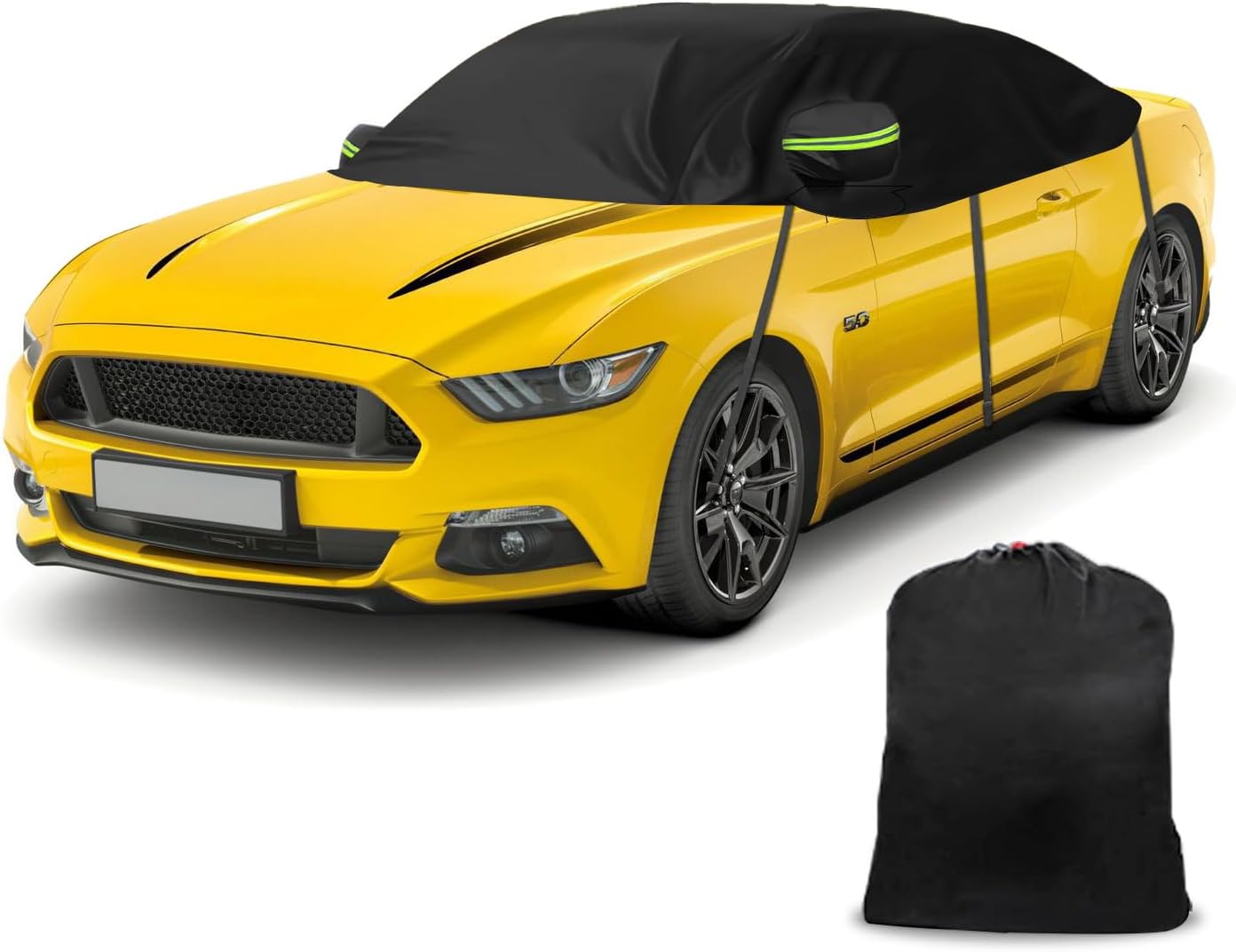 300D Black Oxford Half Car Cover Compatible with 2005-2024 Ford Mustang S-197/S550/S650, Protector Car Body Covers for Windproof Dustproof UV Resistant Protect Your Windshield and Roof