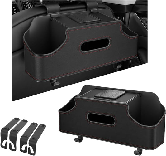 Car Seat Back Organizer, 3-in-1 Vehicle Backseat Storage Box with Cup Holder Tissue Box Trash Bin & Hooks, Multifunctional Auto Interior Headrest Organizer, Universal for SUV RV Truck (Black)