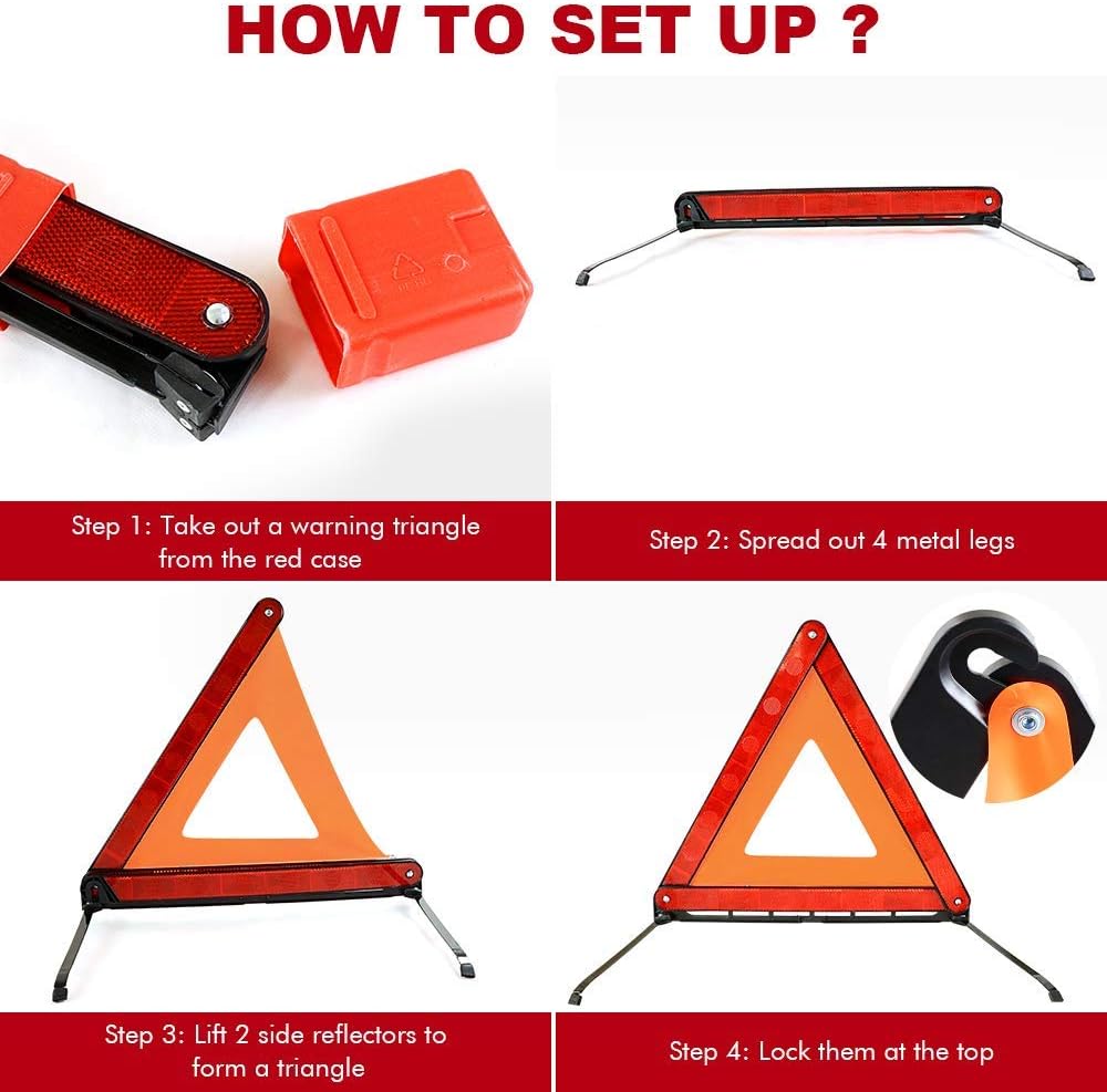 PGM Warning Triangle Reflective Kit, 3 Pack, DOT Approved Emergency Road Safety Signs with Storage Case