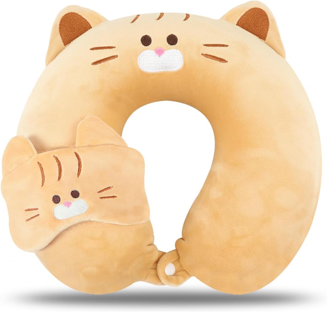 Kids Neck Pillow for Travel with Sleep Eye Mask, Cute Travel Neck Pillow, Memory Foam Flight Sleeping Headrest Pillow for Boys & Girls, Airplane, Train, Car, Home Use - Brown Bear