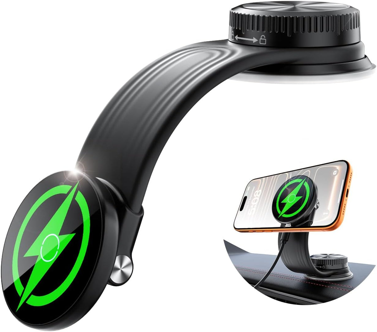 15W Magnetic Wireless Car Charger Mount, Flexible Bendable Aluminum Arm [360° Adjustable], Upgraded Adhesive Suction Cup Base, Dashboard Windshield Fast Charging Phone Holder for iPhone 17