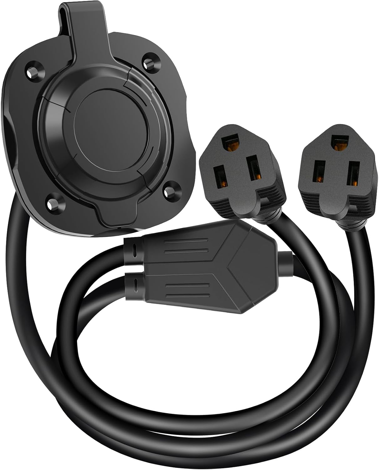 WELLUCK RV Shore Power Inlet Charger Plug 15 Amp 125V AC Power Inlet Port Plug with Integrated Dual 18" Extension Cord, RV Flanged Inlet with Waterproof Back Cover Y Splitter Cable for RV Trailer Boat