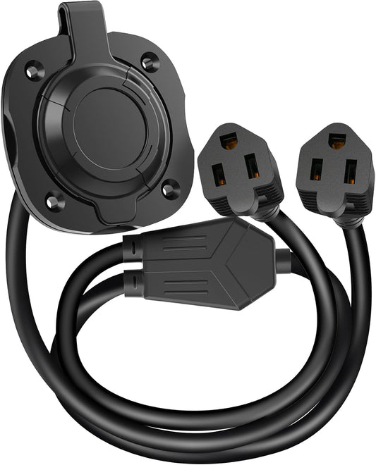 WELLUCK RV Shore Power Inlet Charger Plug 15 Amp 125V AC Power Inlet Port Plug with Integrated Dual 18" Extension Cord, RV Flanged Inlet with Waterproof Back Cover Y Splitter Cable for RV Trailer Boat