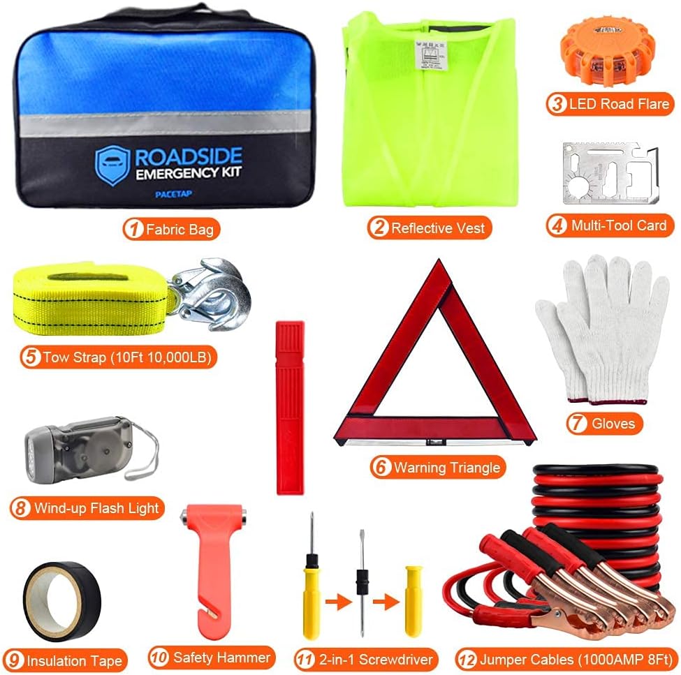 PACETAP Car Roadside Emergency Kit, Essential Auto Safety Road Side Assistance Tool Kit with Jumper Cables, Towing Rope, Triangle and More Winter Vehicle Accessories