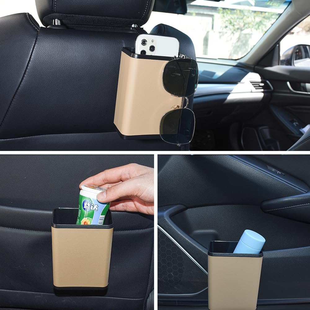 Mini Car Trash Can Multifunctional Car Mounted Garbage Bin Storage Box with Back Clip and Hanging Hook for Car Door Back Seat, Beige