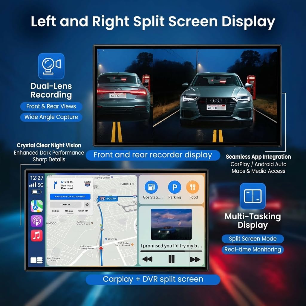 11.5 inch Wireless CarPlay Screen for Car, HD Touchscreen with Wireless CarPlay & Android Auto, 4K Dash Cam, 1080P Backup Camera, Navigation, Bluetooth, Voice Control, FM Transmitter, Mirror Link