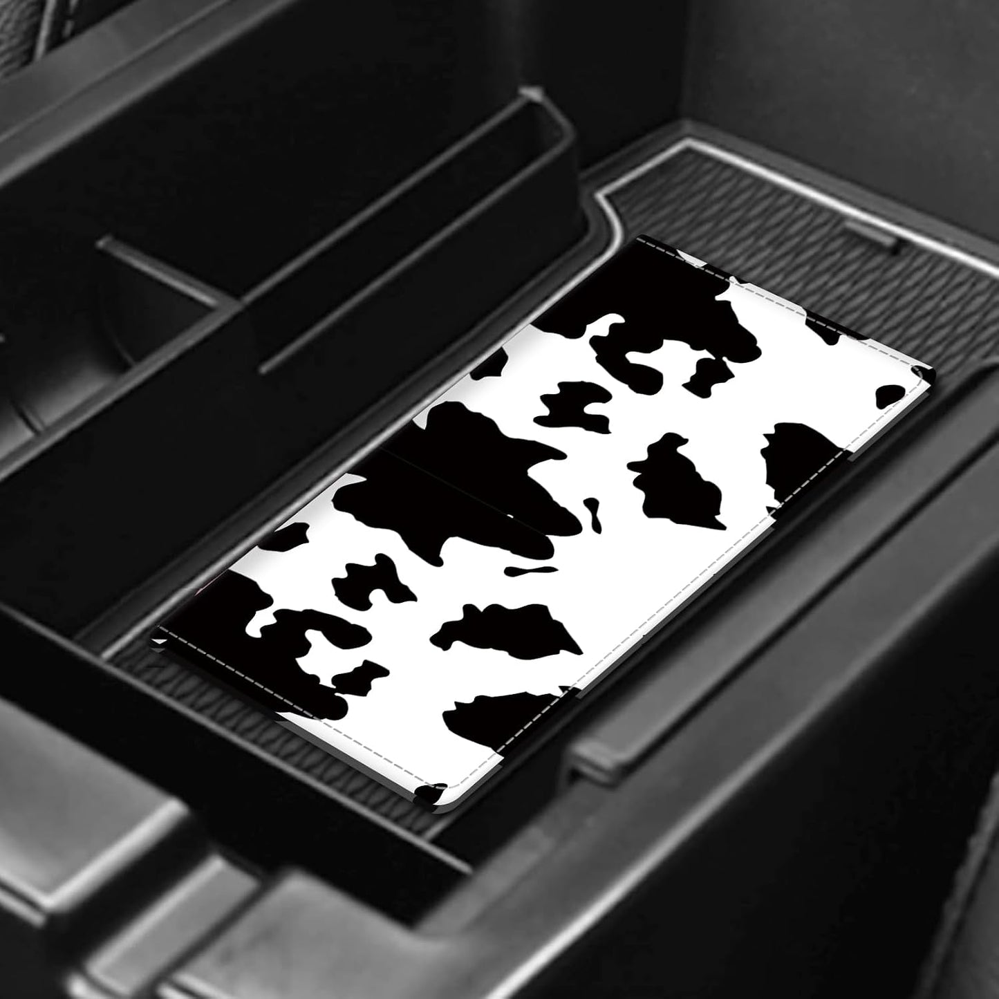 Leather Car Registration and Insurance Card Holder, Cute Car Accessories Vehicle Glove Box Car Organizer for Documents, Cards, License Black White Cow