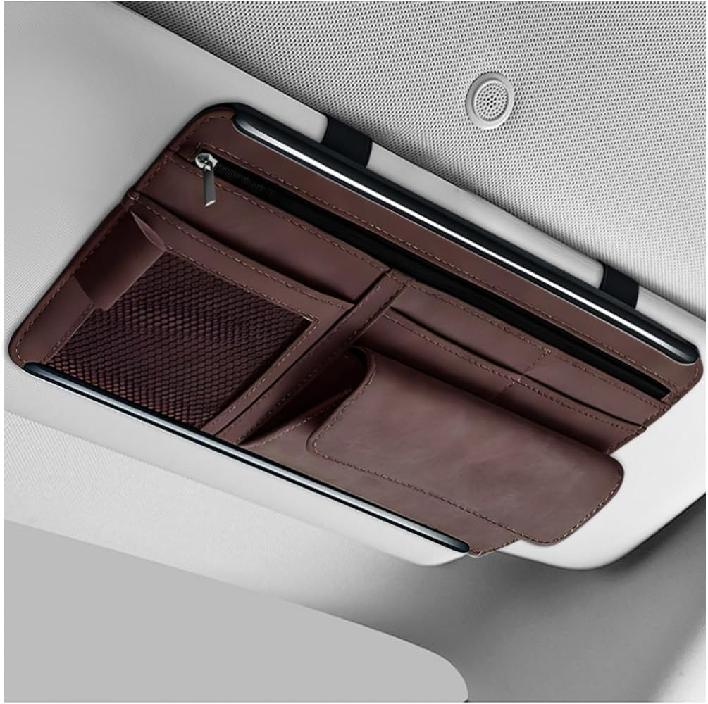 Car Sun Visor Organizer, Leather Sun Visor Pocket Organizer Case with Multi-Pocket Net Zipper, Suede Note Holder Car Visor Storage Pouch for Card Pen Sunglasses Document (Black)
