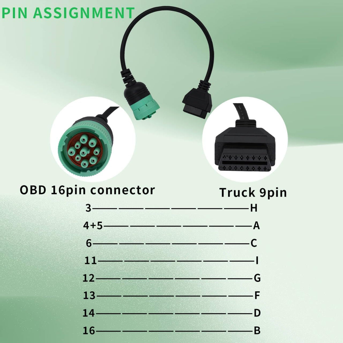 Green Type 2 J1939 9pin to OBD2 Cable Adapter for Heavy Duty Trucks