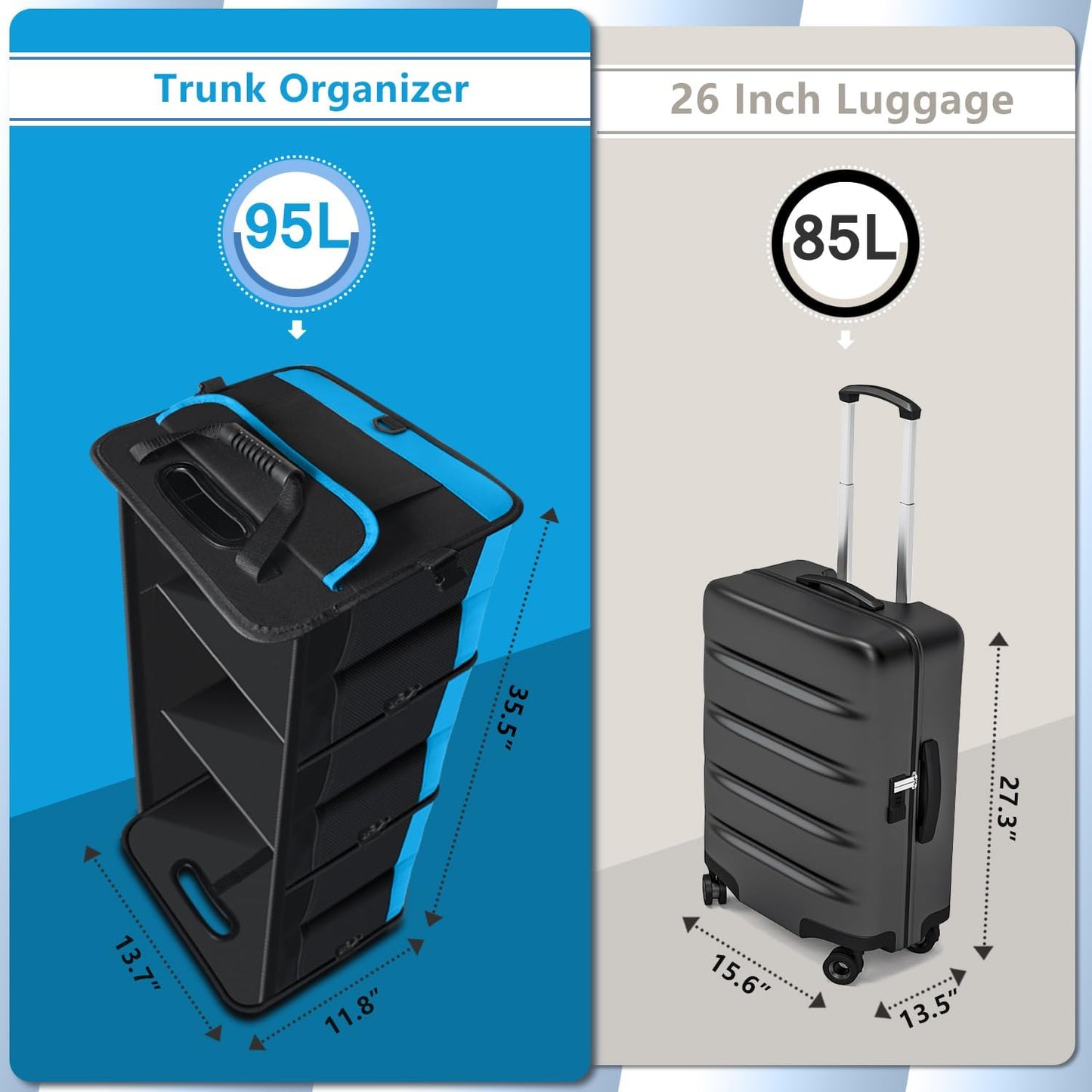 AOPHY Foldable Trunk Organizer for Car SUV Truck 95L | Collapsible storage bin with straps. Waterproof and sturdy. Fits sedans too. Folds flat when not in use. Great for drivers.