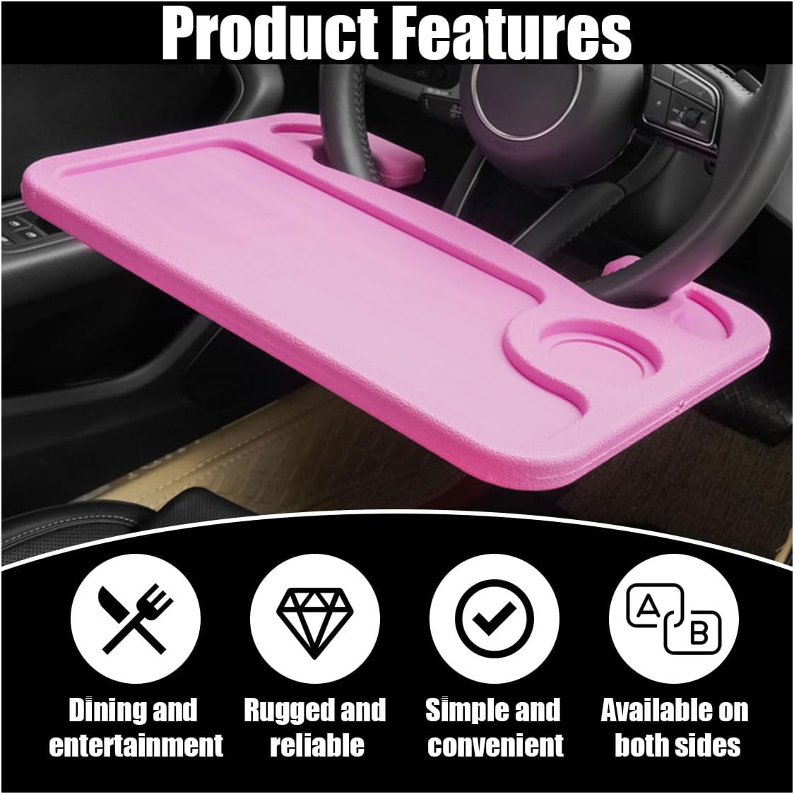 GLSOWEE Car Steering Wheel Tray, Computer Office Car Table Tray, Auto Steering Wheel Desk for Eating, Multipurpose Car Desk Travel Accessories for Most Vehicles Steering Wheel (Pink)