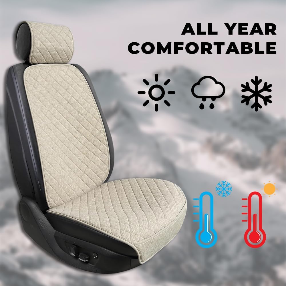 Partsable 2PCS Linen Car Seat Covers Front Seats,Breathable Cloth Fabric Car Seat Protector - Universal Cloth Seat Covers Fit for Cars, Vans, SUVs, Trucks and for All Seasons - Beige