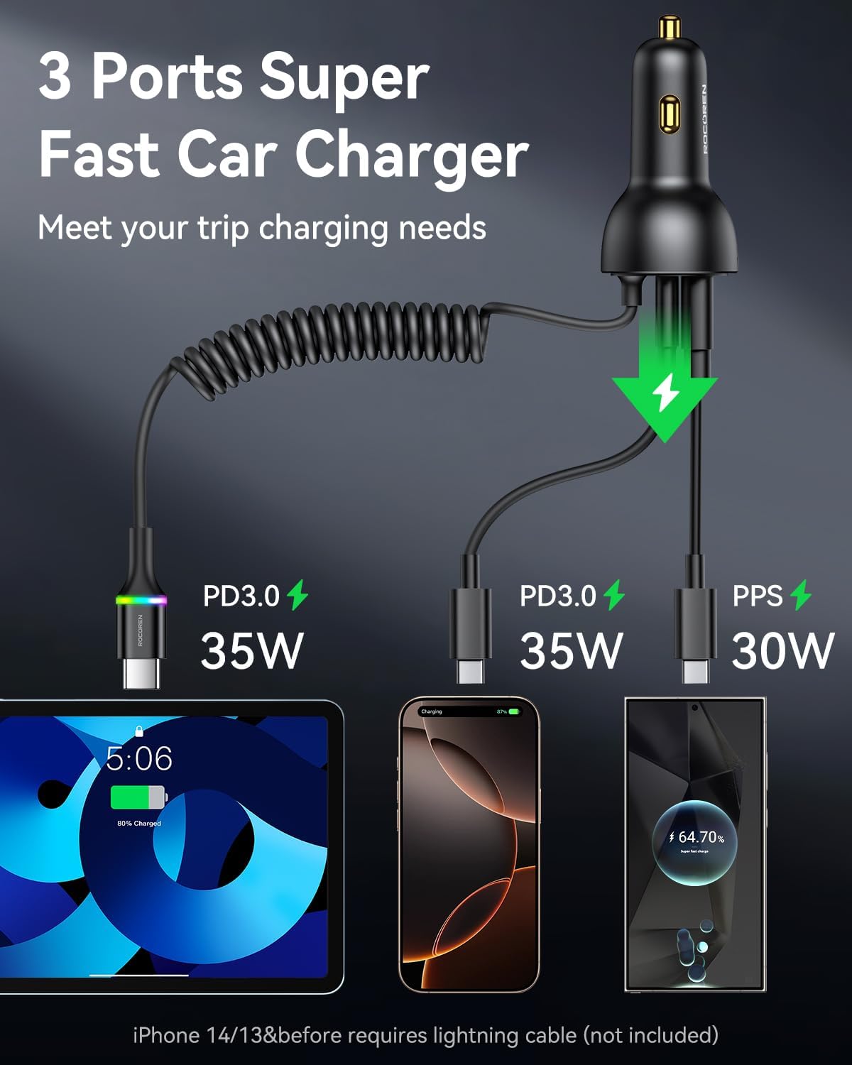 Rocoren 70W USB C Fast Car Charger Cigarette Lighter Adapter with 5.2Ft