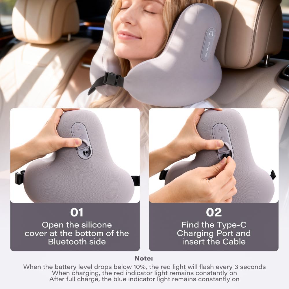 Neck Travel Pillows for Airplanes with Bluetooth, Premium Memory Foam Neck Pillow, Noise Reducing Travel Pillow for Long Flight, Office, Cars, Home, Sleeping and Rest, Gray