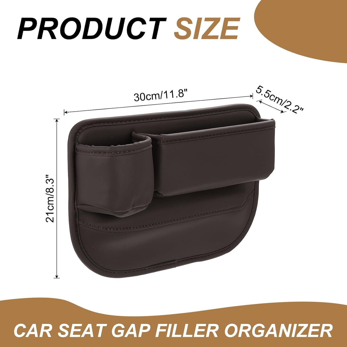 HARFINGTON Car Seat Gap Filler Organizer 11.8 x 8.3 x 2.2 Inch PU Universal Car Organizer Storage Box Between Seat and Console (Left) with Cup Holders for Phone Sunglasses Keys, Brown