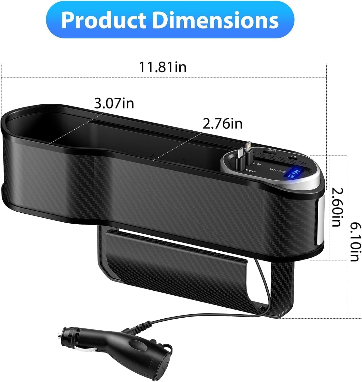 Car Seat Gap Filler Organizer with Wireless Charger & Cigarette Lighter | 2 Charging Cables, Retractable Charging Cords iOS Type-C USB Port Fast Charge Storage Box Cup Holder ( 5 in 1 )