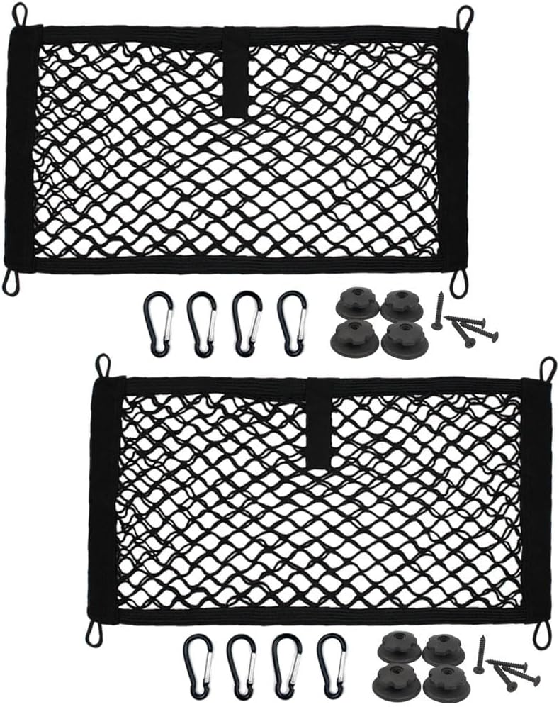 [2 PACK] JAVOedge Extra Large Cargo Net for Car, SUV, Truck, RV, Boat – Elastic Storage Mesh Organizer with Built‑In Hooks, 12 Screws & 12 Carabiners – Heavy‑Duty Trunk Cargo Net & Vehicle Storage Bag