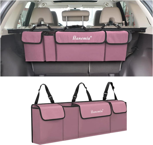 Car Trunk Organizer, Backseat Hanging Storage with 4 Large Pockets, Collapsible Cargo Bag with Adjustable Straps Frees Trunk Floor, Sturdy Space Saving Expert for SUV, Truck, Van (Pink)