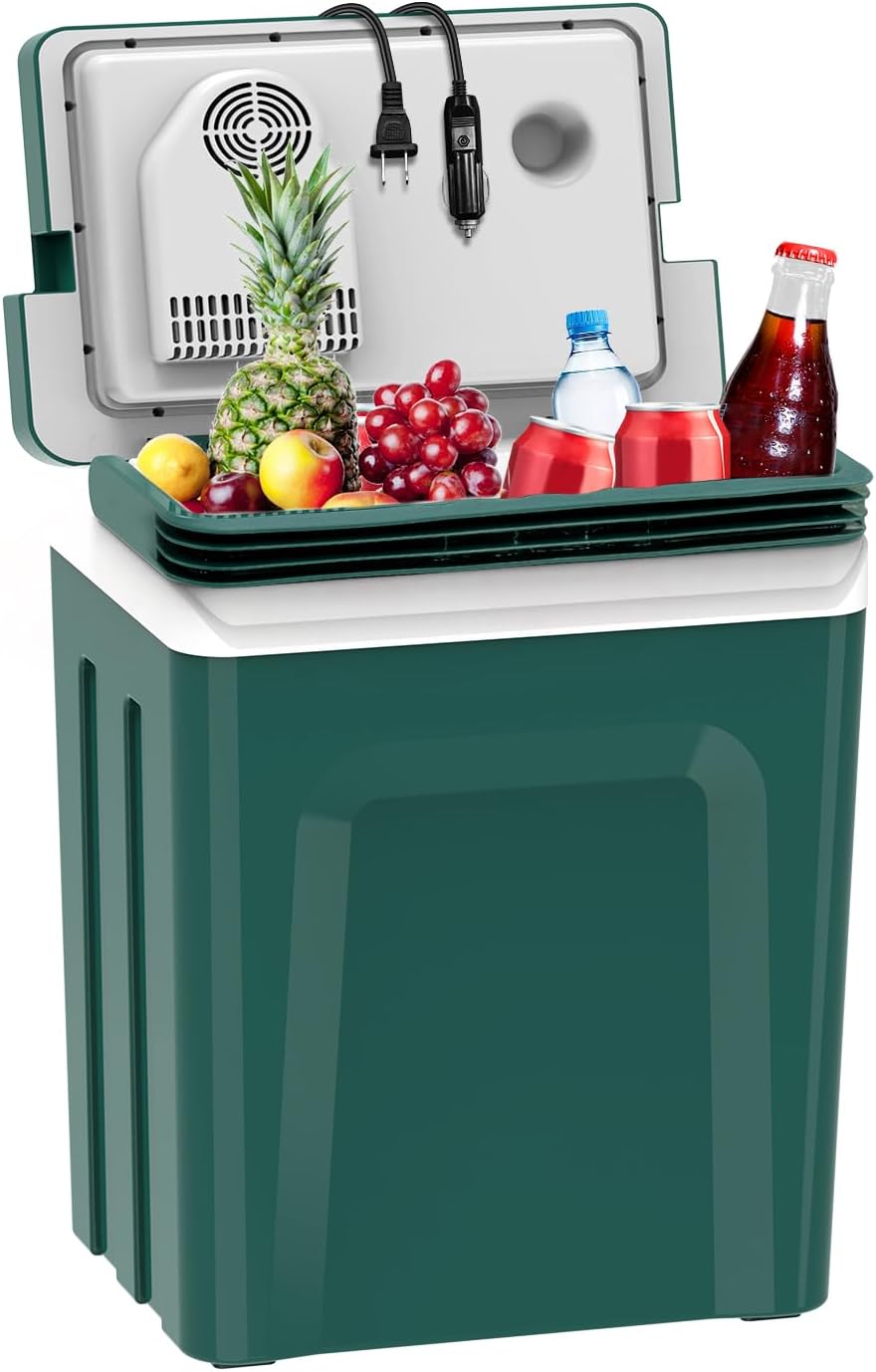 SubSun 27 Quart Electric Cooler and Warmer with Handle, Portable Thermoelectric Fridge, Car Fridge Cooler with 12V DC & 110 AC for Camping, Travel & Picnics, Green