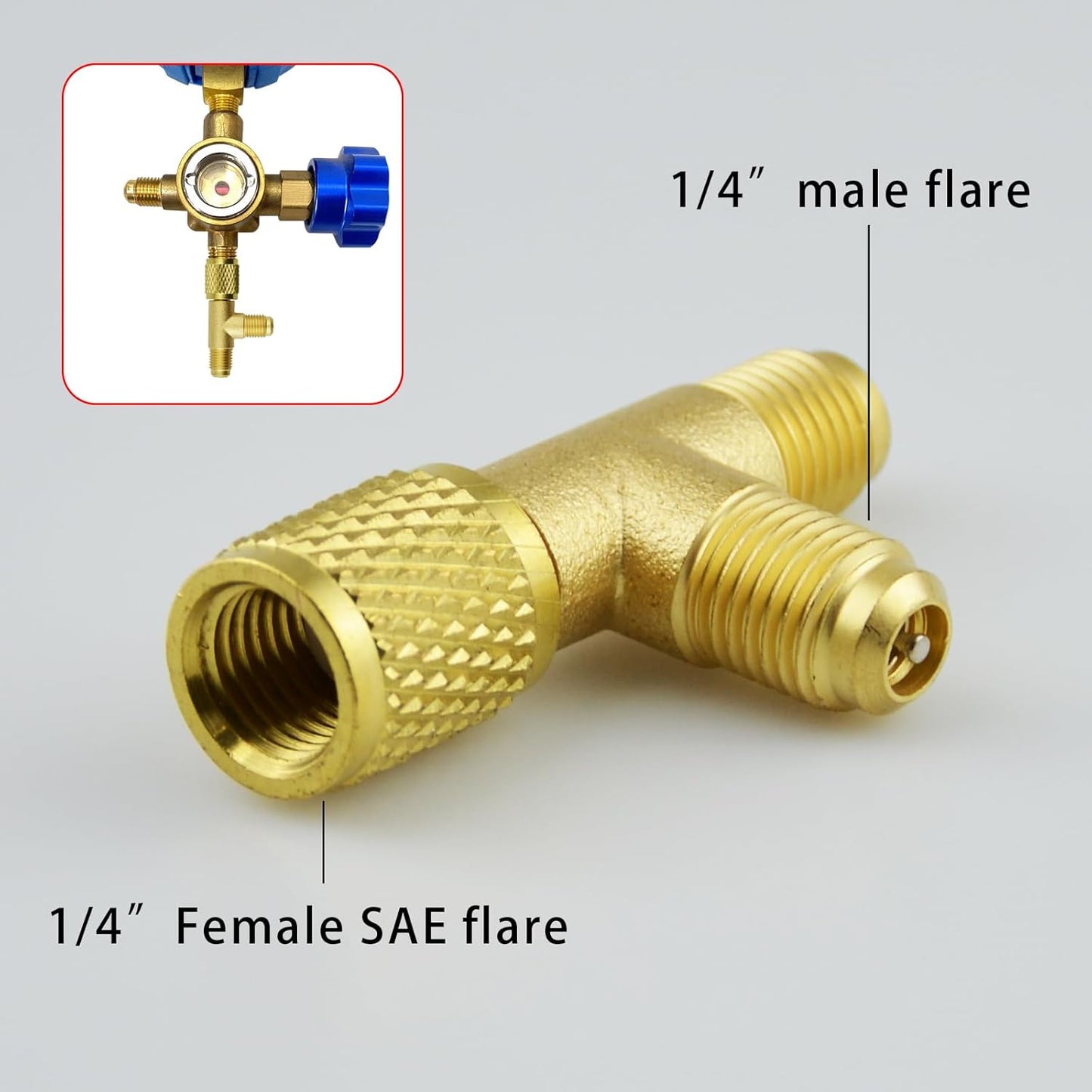 2Pcs Quick Coupler Access Tee, 1/4'' SAE Valves Core Tee Adapter Brass Refrigerant with Swivel Connector, Air Conditioning Line Repair Tools fit for R22 R12 R134 Gauge Deep Vacuum Pump Manifold