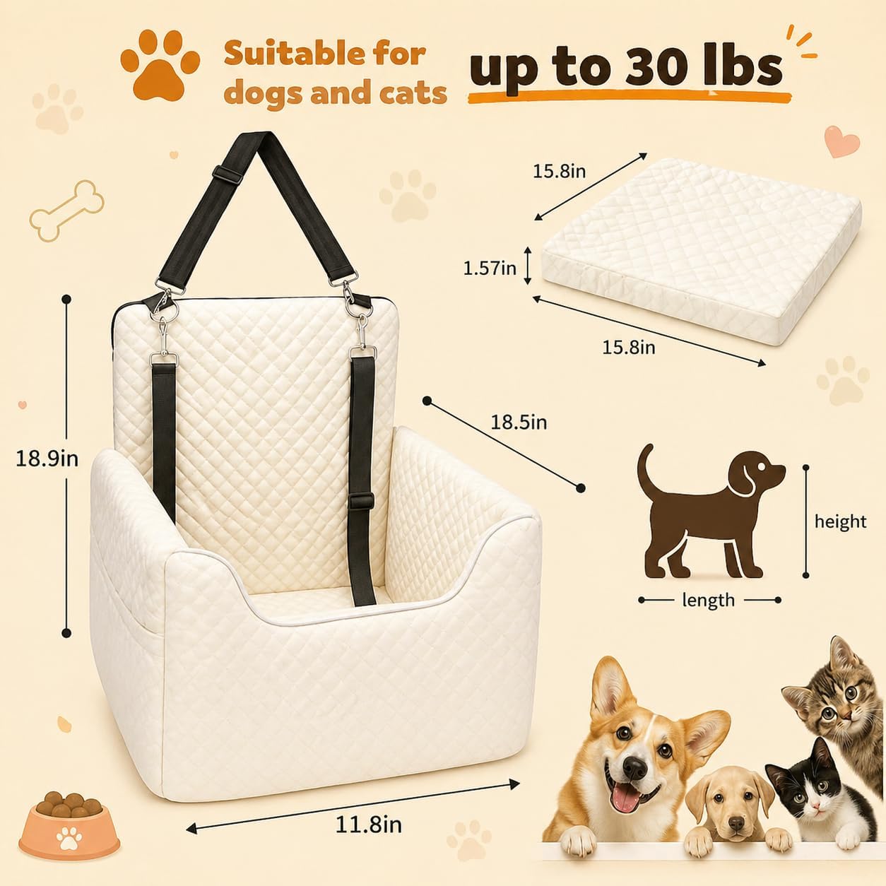 ALL GOOD PET SUPPLIES Dog Car Seat for Small/Medium Dogs Under 35lbs | Soft Memory Foam Booster Car Seat with Detachable Washable Cover and Cushion, Puppy Dog Car Bed