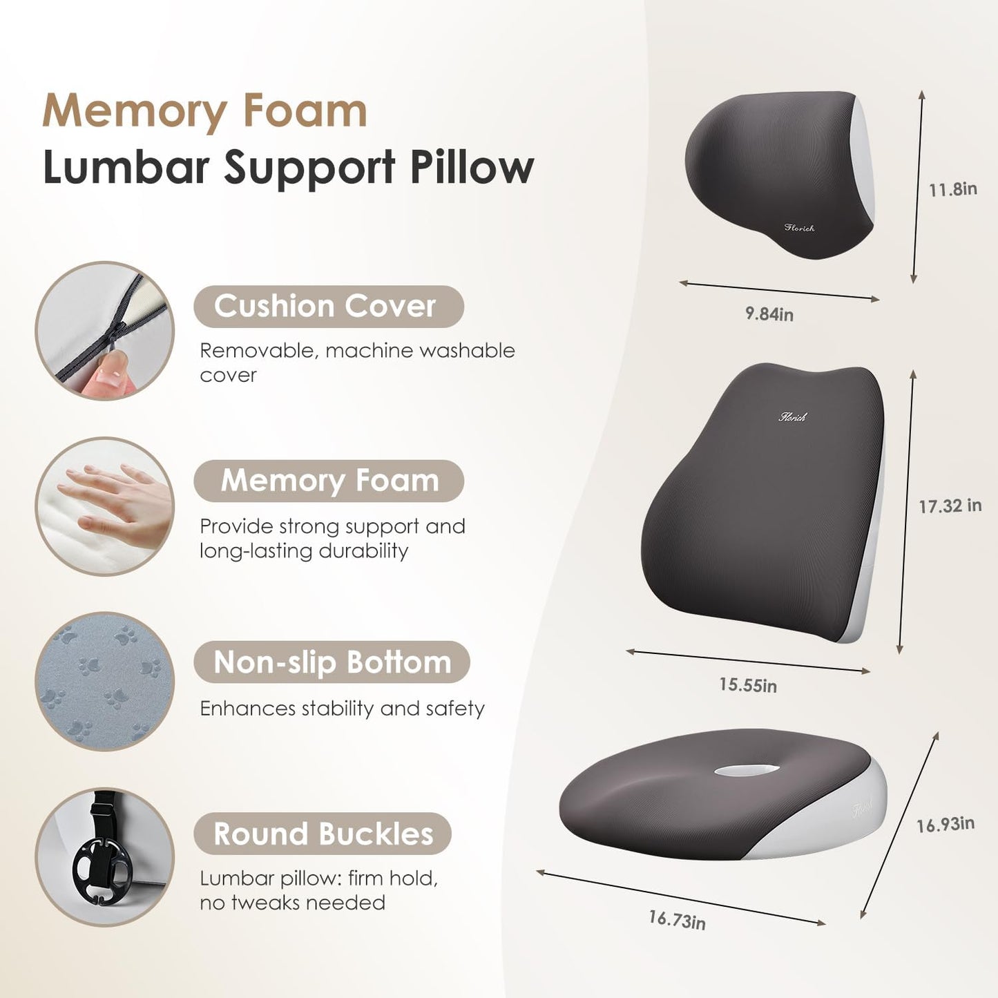 FLORICH Car Seat Cushion & Lumbar Support Pillow & Car Neck Pillow, Ergonomic Memory Foam Driving Seat Cushion for Back & Sciatica Pain Relief, Non-Slip Washable Cushion for Car, Driver, Office-Gray