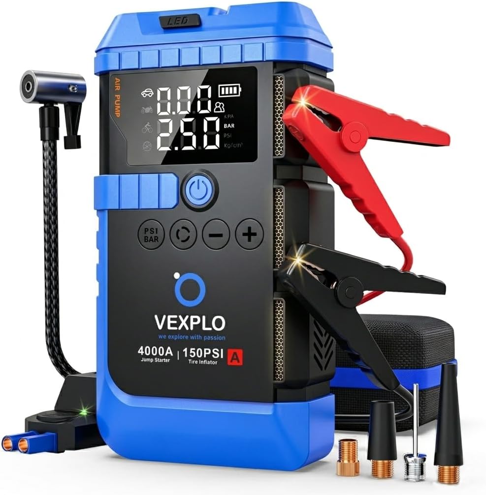 VEXPLO Jump Starter with Tire Inflator Portable Roadside Emergency Car Kit | 4000A Car Battery Jumper Start (9.0Gas/8LDiesel) 150PSI Auto-Off Tire Inflator 45W Fast Charger 8-in-1 Emergency Roadside Kit