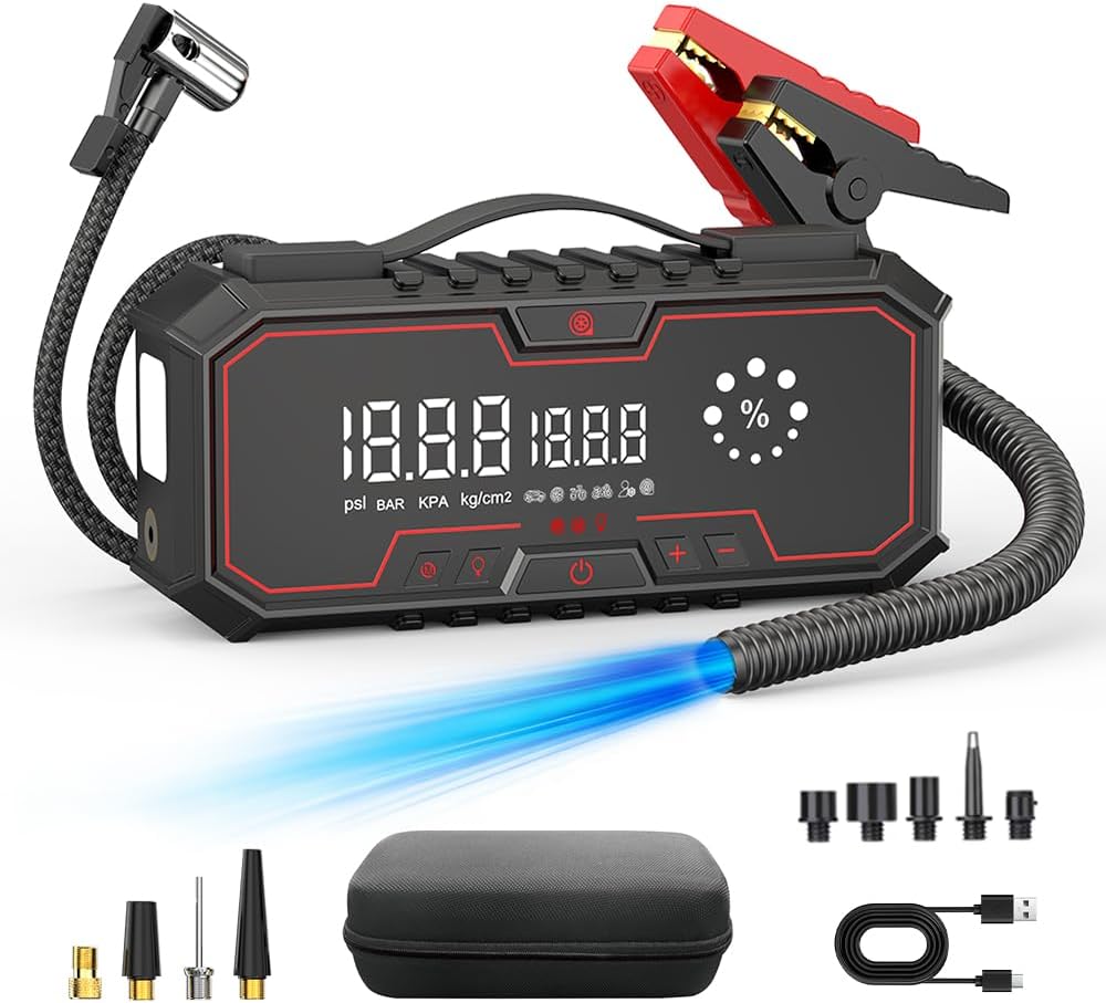 Jump Starter with air Compressor, 5000A Emergency Starter Jump Box (Gas 9L/Diesel 8L), Jumper Cable Jump Starter Portable with air Compressor 160PSI, car Roadside Emergency kit, SOS Light