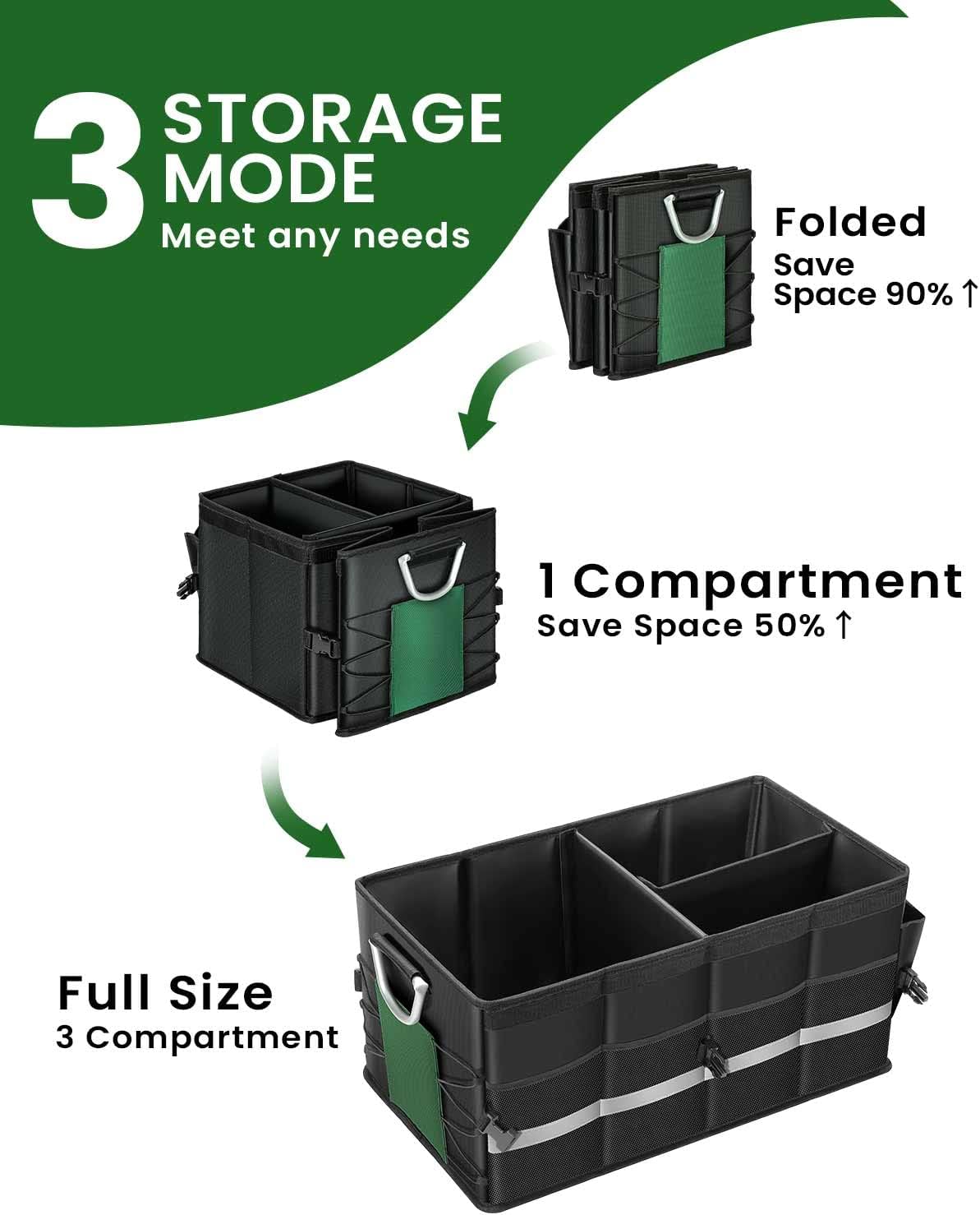 WINHUNT Trunk Organizer With Waterproof Bag, Collapsible Multi Compartment Storage for Car, SUV, Sedan, Truck - Non Slip Bottom, Aluminium Handle (Black, Large 66L)
