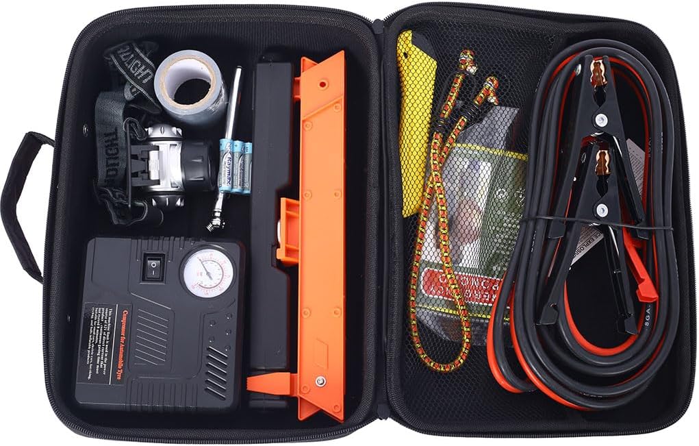 Car Emergency Kit, Roadside Safety Kit with 12V Air Compressor 150 PSI, Jumper Cables 12FT 8GA First Aid Kit, LED Headlamp Tire Gauge Warning Triangle & Survival Tools for Cars Trucks & Winter Safety