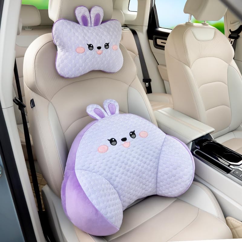 Car Neck Pillow and Lumbar Support Set, Cute Animal Soft Plush Ergonomic Back Cushion for Driving, Travel Seat Headrest Pillow(Set of 2) (Rabbit)