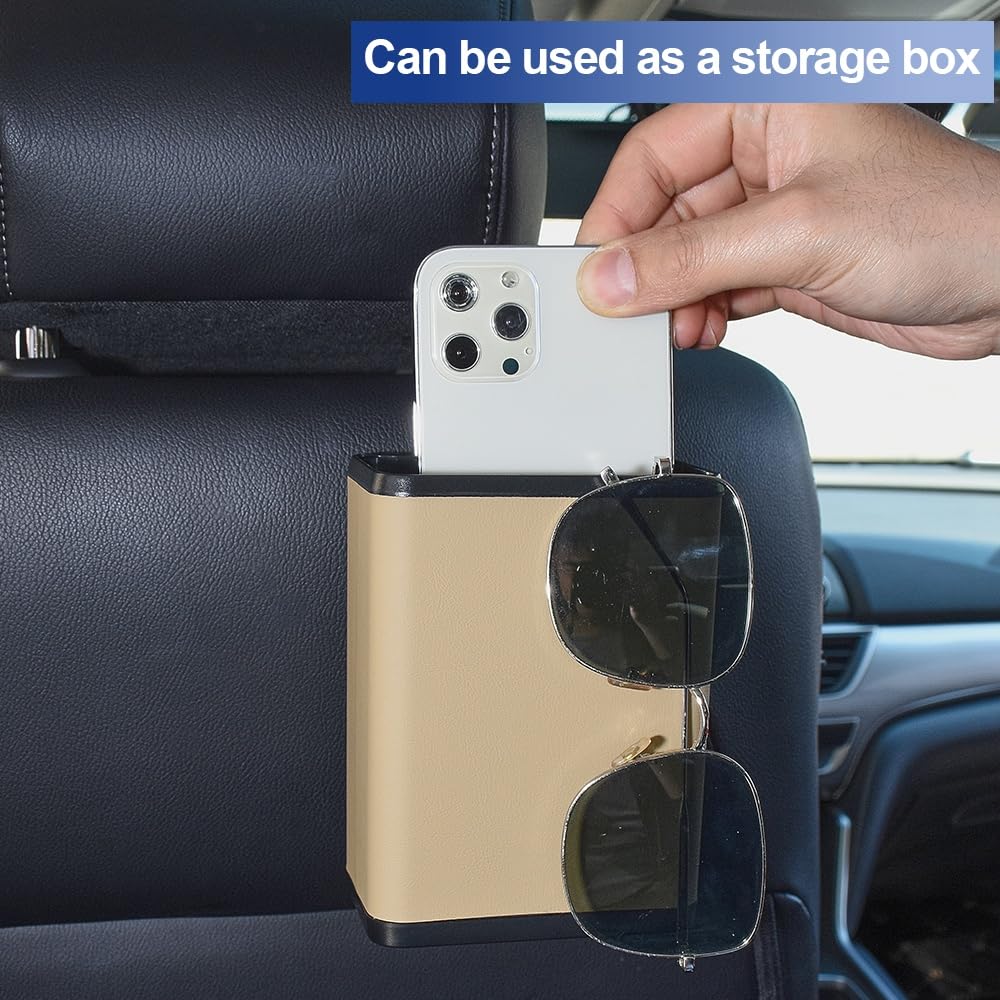 Mini Car Trash Can Multifunctional Car Mounted Garbage Bin Storage Box with Back Clip and Hanging Hook for Car Door Back Seat, Beige