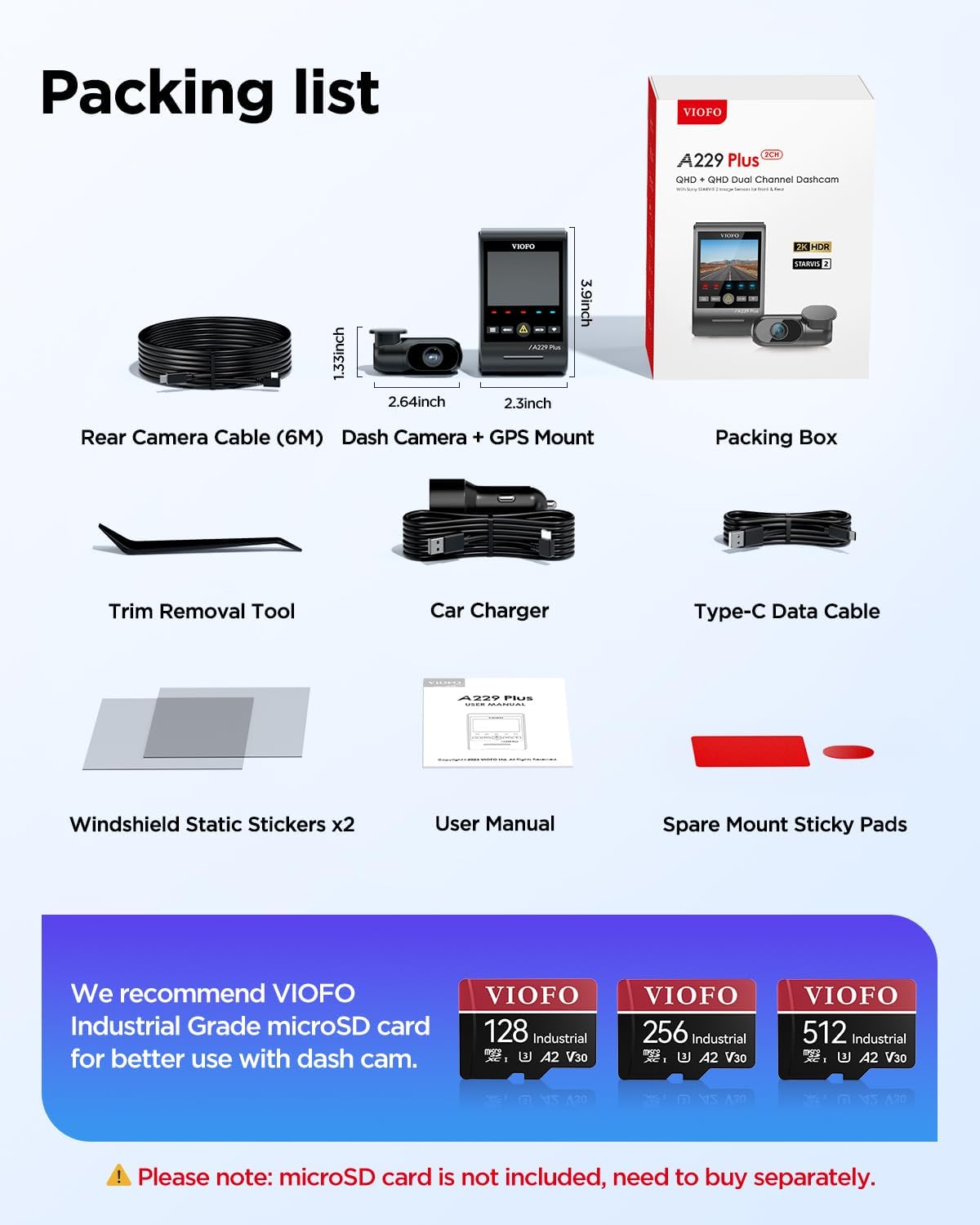 VIOFO A229 Plus Dash Cam Front and Rear, 2K Dual STARVIS 2 Sensors & HDR