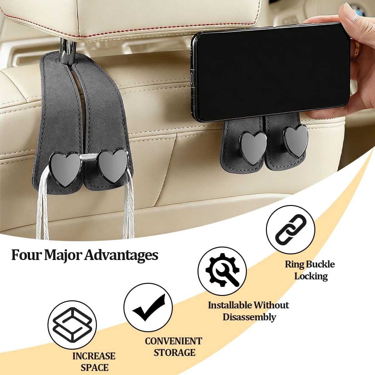 2PCS Car Seat Headrest Hooks, Heart-Shaped Twin Hook Vehicle Seat Back Purse Bag Storage Organizer, Cute Auto Interior Backseat Hanger Holder for Coat Umbrella Hat, Universal Fit (Gray)