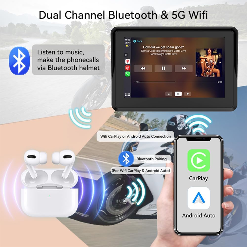 12V-24V 5-inch Waterproof Motorcycle GPS Navigation System with Wireless CarPlay/Android Auto/HiCar Wi-Fi Bluetooth FM Linux Operating System