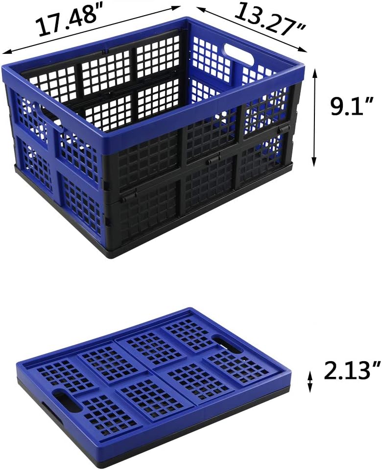 Hespama 35 Quart Folding Crates, Blue Collapsible Milk Crate Basket, 2 Pack