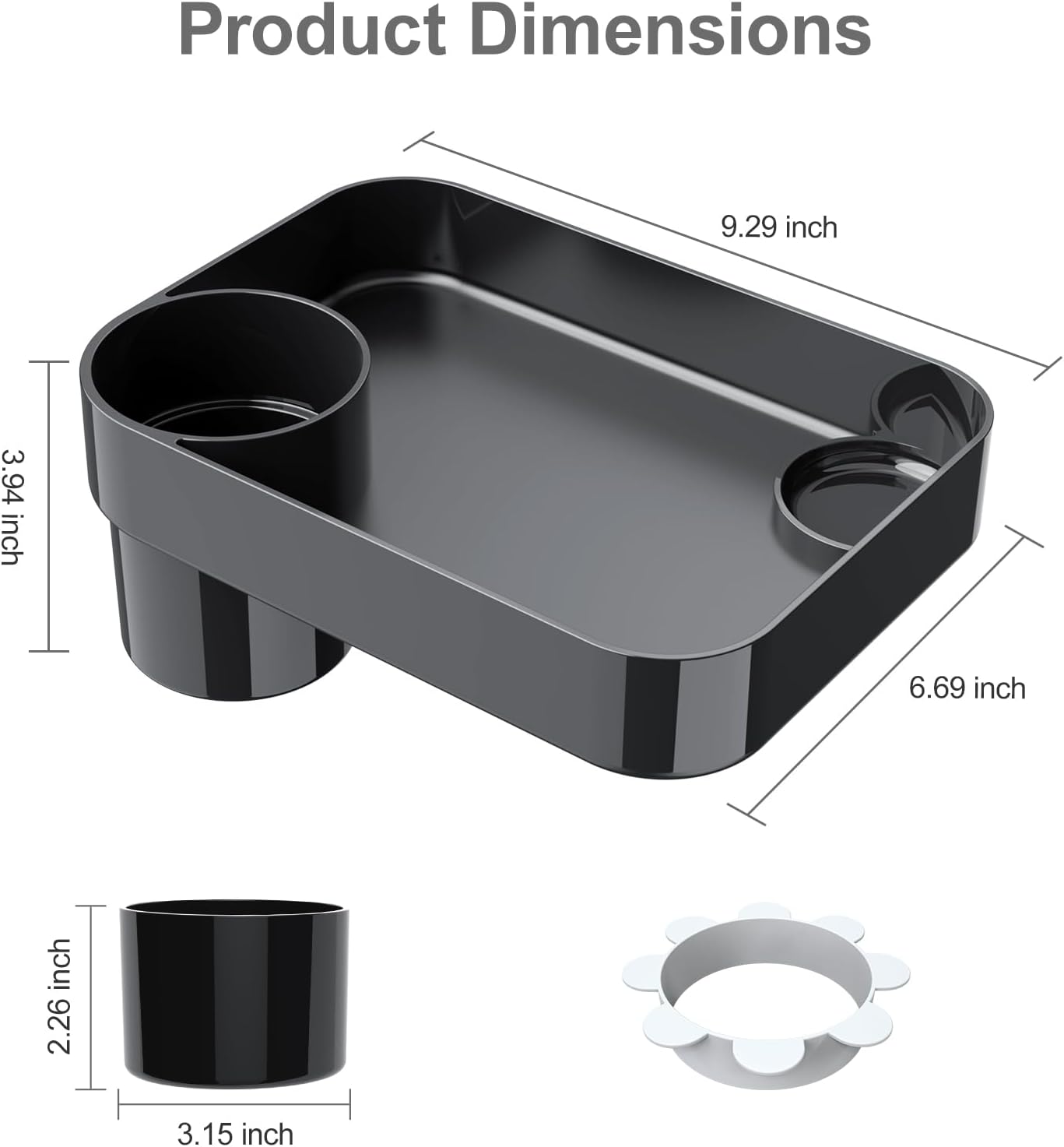 [2 Pack] Car Seat Snack Tray for Toddlers - 3 Inch Cup Holder Fits Most Sippy Cups & Straw Bottles with Dip Well, Mess-Free Square Kids Travel Tray Road Trip Essentials, Black, 2