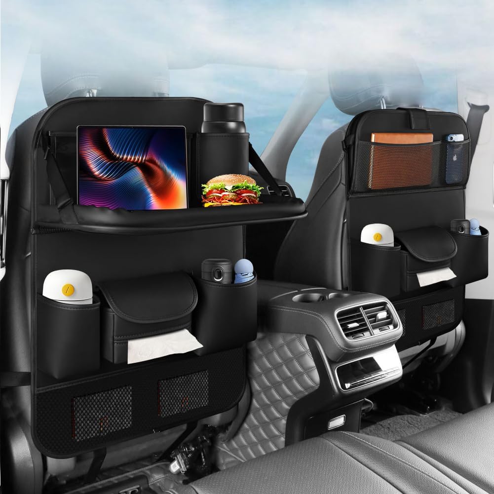 2PCS Car Backseat Organizer Seat Back Protectors Kick Mats with Foldable Table Tray, PU Leather Car Storage Organizer with Tablet Holder, Car Tissue Holder Kids Toys Storage Travel Accessories (Black)