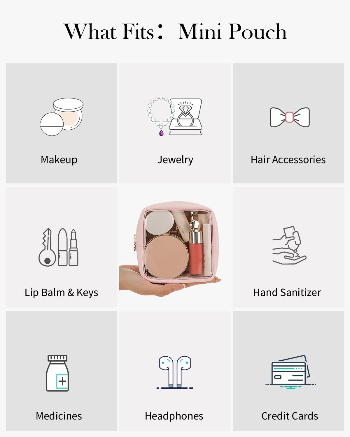 Pocmimut Clear Makeup Bag, Easy to Find Mini Makeup Bag for Purse, Travel Makeup Bag for Car, Compact Cosmetic Pouch for Daily Essentials,Pink