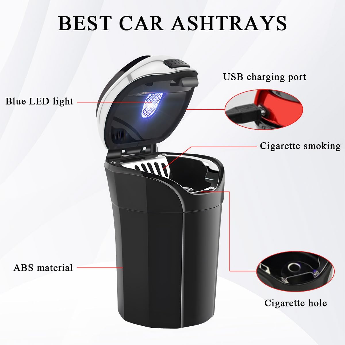 povtii Car Ashtray with Lid, Rechargeable Stainless Auto Ashtray with LED Light Indicator, Portable Smell-Proof Ashtray Cup with Lid & Detachable Cigarette Lighter, Car Accessories (Silver)